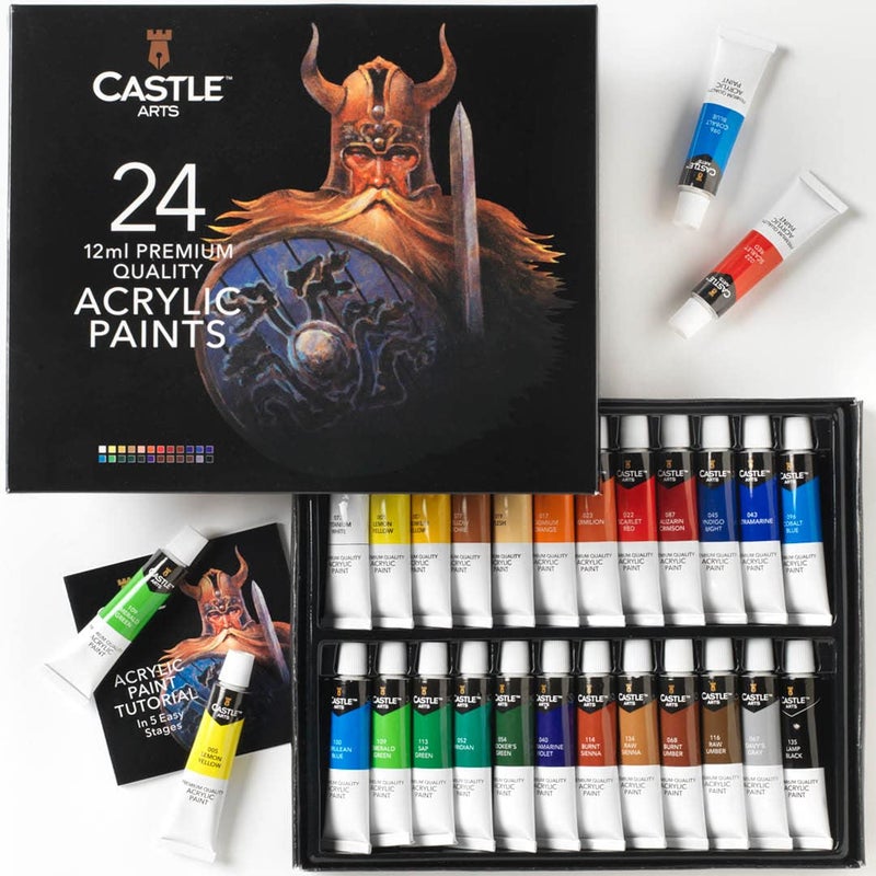 Castle Art Supplies 24 X 12ML Acrylic Paint Set | Value Beginner Set for Starters or Adult Artists | Quality Intense Colors | Smooth to Use on Range of Surfaces | in Neat Presentation Box - Image 1